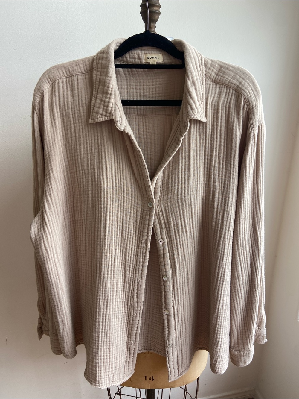 DONNI Bubble Shirt with Abalone Buttons 100% Cotton Beige XXL